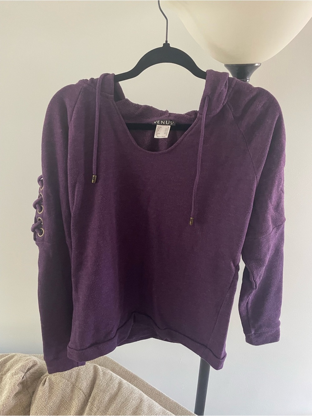 VENUS Deep Purple Hooded Sweatshirt with Lace-Up Sleeve